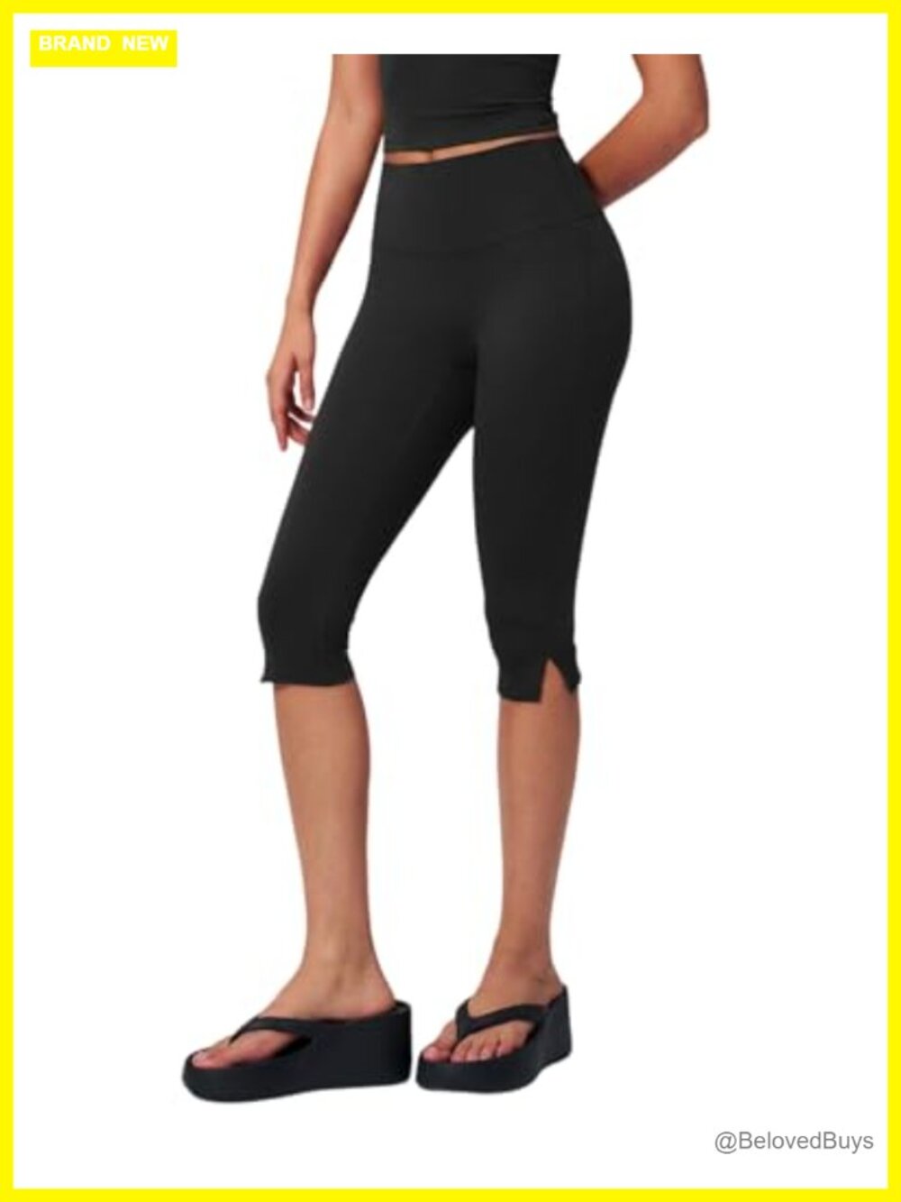 Capri Leggings No Front Seam Side Split Crop Pants Yoga Workout